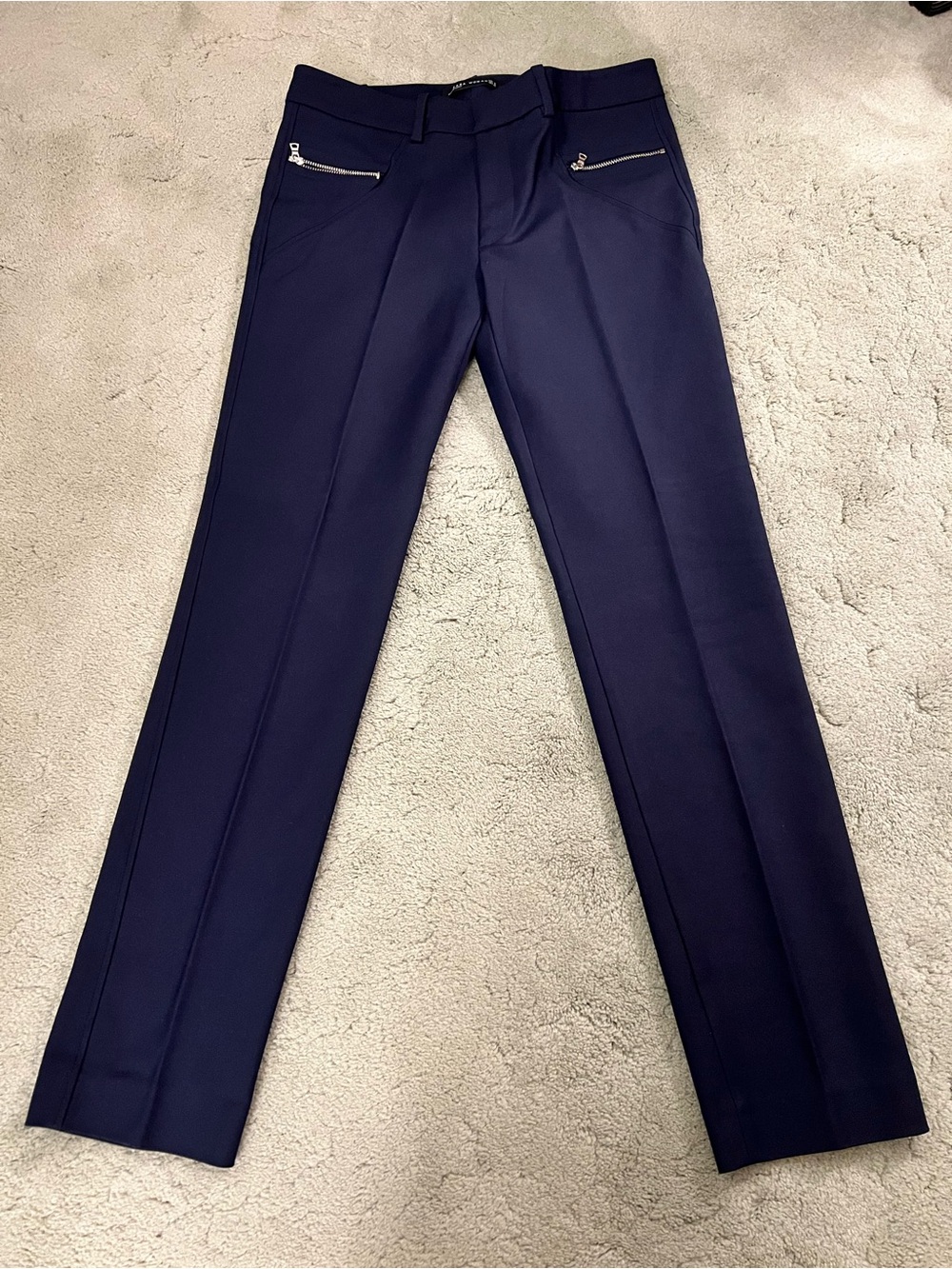 Zara Women's Navy Slim Straight Trousers with Zip Pockets